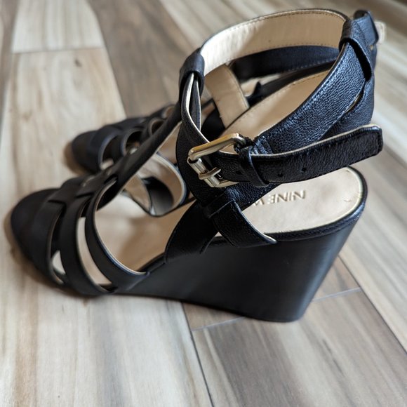 NINE WEST Women's Wedge Leather Sandals Gold Buckle Black Strap 4" Heel … - Picture 2 of 8